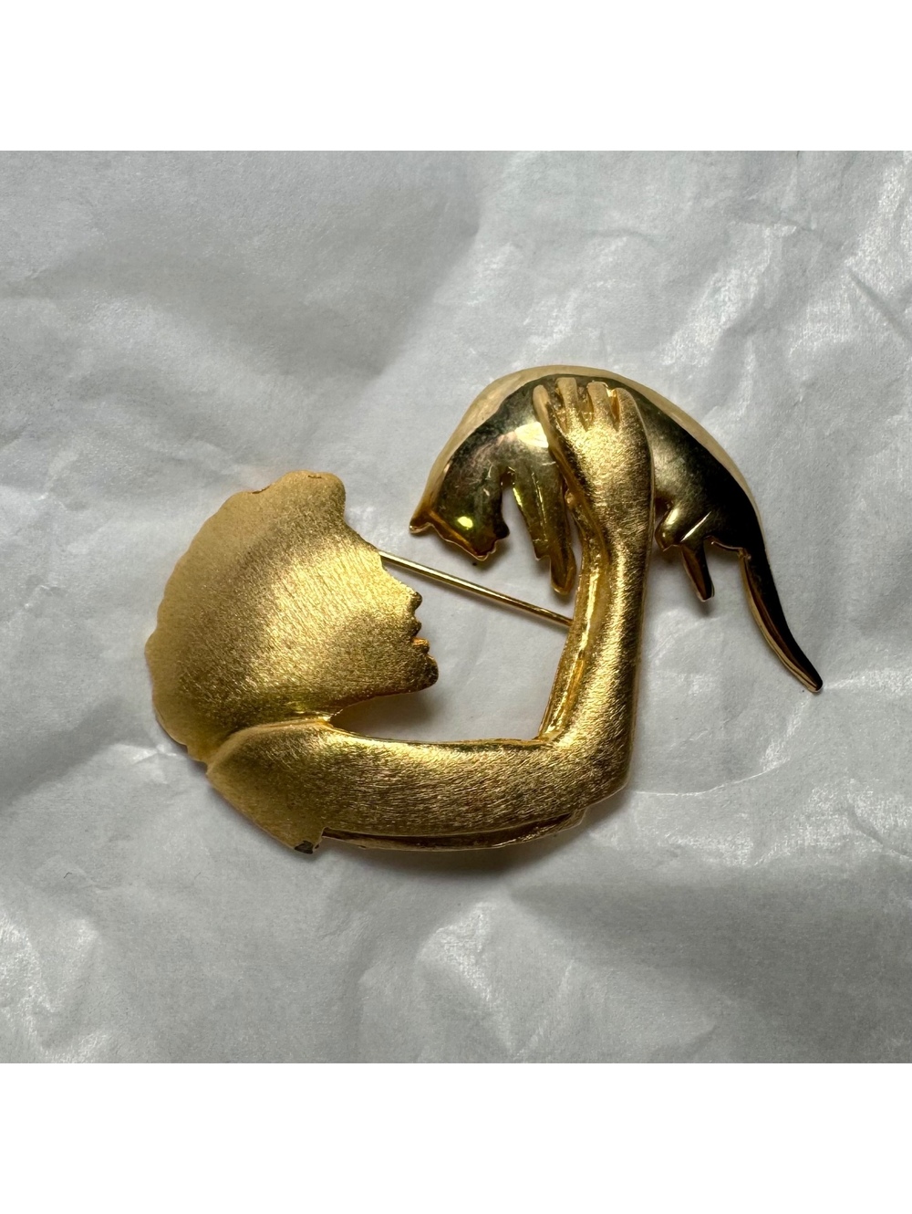 Vintage Gold Tone Ultra Craft Brooch Pin Woman Holding Cat Silhouette